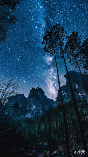 星空夜晚下的树林广角景象