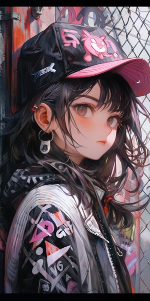 Girl, painted with graffiti, anime style, dark color palette, ultra-detailed portraits, ultra-realistic color illustrations, with unique character design.