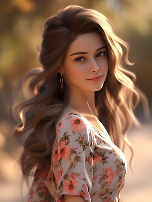 A cheerful and sweet woman, with a lovely oval face, a sunny aura, a smile, wearing a floral dress, bright sunlight, vivid light and shadow, delicate appearance, high-quality CG, movie-level picture quality, warm atmosphere, beautiful. Confidently looking towards the future, long hair, black eyes, expressive eyes, delicate nose, rosy lips, charming smile, front view, full-body portrait, high-quality CG, 8K resolution, clear and clean background.