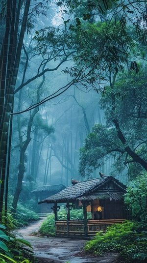 天空下着小雨，竹林里，有个小屋，可以喝茶，很舒服惬意，自然风景，很治愈，很有安全感