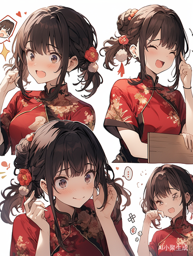 红色锦缎旗袍的古风女卡通角色