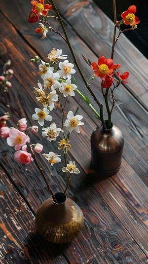 Three mini vases with different flowers on the table, including cosmos and orchids, in the style of Japanese art, with brass accents and a dark wood color. The composition includes three small bronze flower pots of various sizes, arranged neatly together to create an elegant display of nature's beauty. This photo was taken from above, capturing the intricate details of each vase and showcasing the vibrant colors of the blossoms. It highlights the contrast between the light brown wooden surface and the c