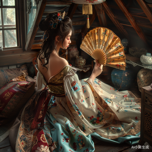 东方公主手持折扇坐阁楼