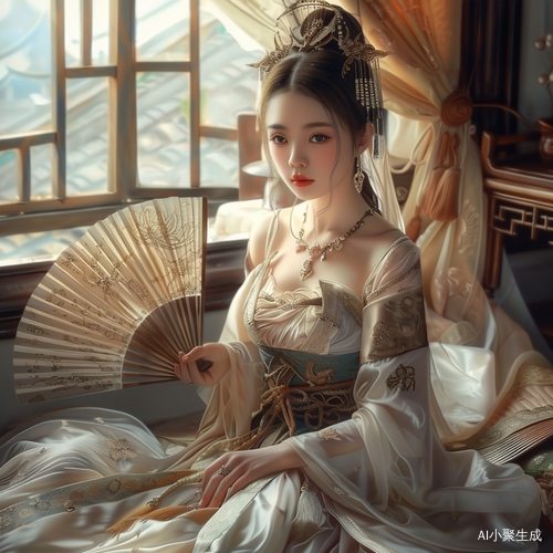 东方公主手持折扇坐阁楼