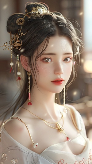 Ancient costume beautiful woman in the style of Chinese style, gold jewelry earrings and necklace with long hair in an updo hairstyle, white dress decorated with red flowers, exquisite facial features, bright eyes, perfect face details, perfect figure, delicate skin texture, red lips, blurred background of a Chinese palace hall, fairyland atmosphere, anime illustration style, high definition photography, super detailed.