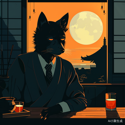 黑色柴犬西装领带在吧台调酒