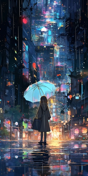 夜晚的赛博城市，雨中少女的伞影