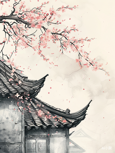 Chinese Style Minimalist Illustration with Pink Flower