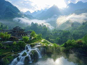 山水如画的美，白云飘逸，阳光洒向山间，泉水流敞，绝美的风景，旅游的好地方。