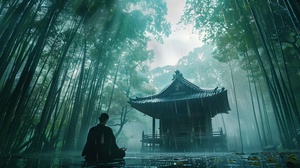 天空下着雨，竹林里有个寺庙建筑，自然风景，很治愈，很有安全感，有个人在禅修冥想，背对着镜头