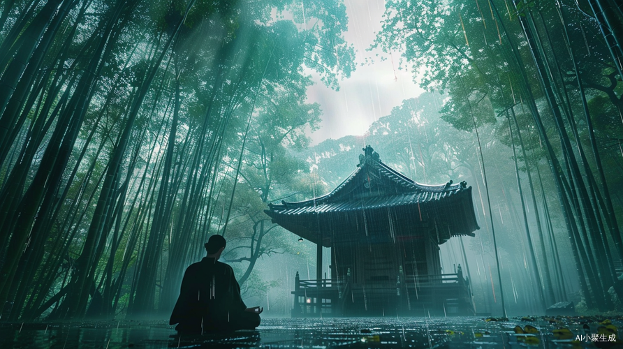 雨中竹林寺庙，禅修者冥想