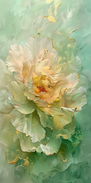 A bloomed pik rose in close-up. Inspired by the style of Liu Ye, it carries realistic, artistic strokes with organic forms and clear lines. The piece incorporates pale green and gold threads against a soft, pale green background,It portrays a clear texture and detailed perspective, brimming with vibrant beauty. The interplay of light and shadow creates artistic tension, embodying a modern, minimal, and contemporary art style