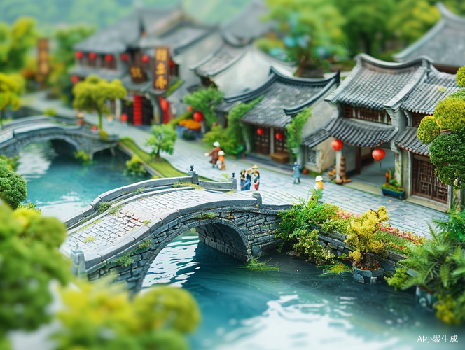 徽派古镇绿树成荫青石板路买菜行人