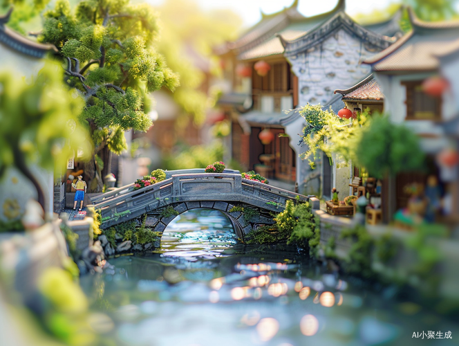 徽派古镇绿树成荫青石板路买菜行人
