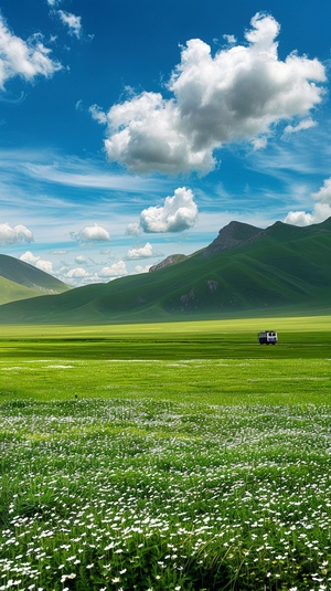 一半画面一个男人开车开在开满鲜花的绿色草原，画面一半天空蓝天白云