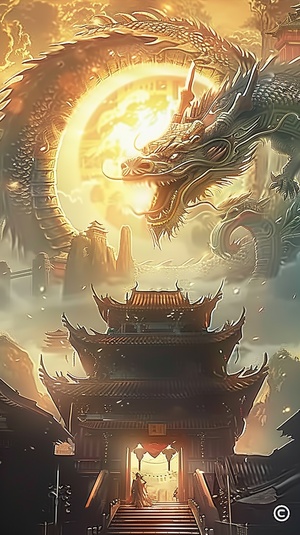 这幅图像描绘了一个充满东方文化气息的场景。中心是一座中国古代建筑，有明显的中国宫殿建筑风格，比如屋顶的飞檐和复杂的木质结构。一条巨龙，一种在东亚神话中具有重要象征意义的生物，盘踞在建筑物上方，与整个画面的主题相得益彰。巨龙占据了画面上半部分，几乎覆盖整个天空，展示出它的力量和统治地位。建筑物下面有一座桥，为场景增添了另一层深度。整幅图像的构图、颜色和细节营造出一种神秘感和灵性，可能代表传统中国故事、神话或文化概念。由于图像被压缩，难以分辨出具体细节或场景中的任何人物。但是，总体而言，这幅图像传达了东方美学和想象的精髓，将真实与虚幻结合在一起，创造出一个引人入胜、令人着迷的视觉体验。