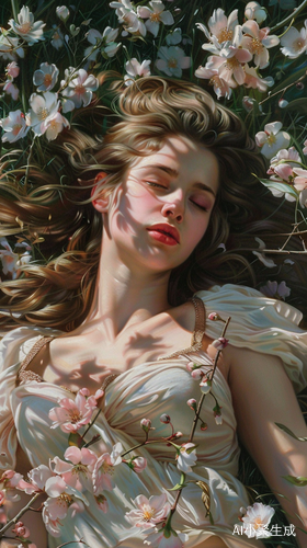 春暖花开欧洲女人草坪特写氛围感光影风景画