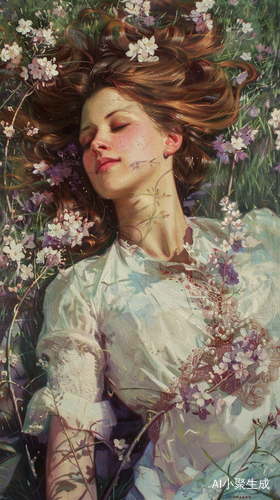 春暖花开欧洲女人草坪特写氛围感光影风景画