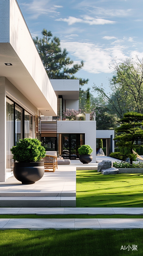 Minimalist Modern Villa with Green Lawn and Natural Elements