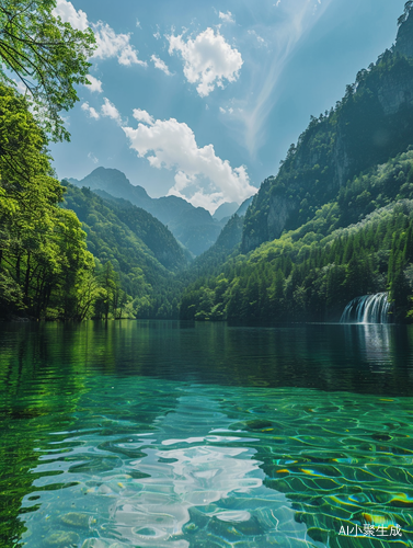 梦幻碧绿山峰湖水瀑布高清8k