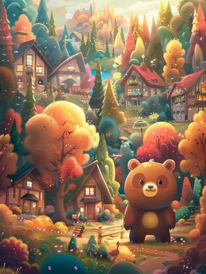 Adorable bear in front of vibrant forest town