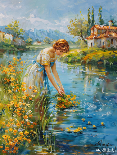 欧洲河边春暖花开光影风景画