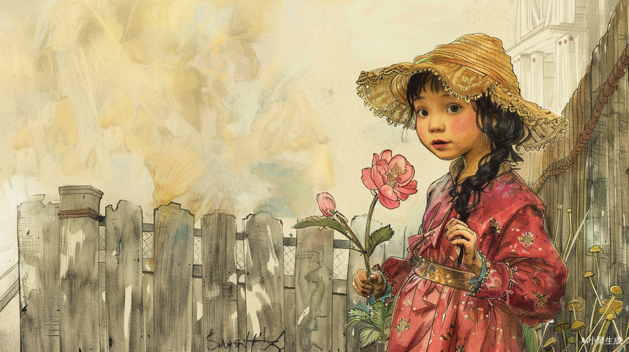 鲜艳衣服小女孩手持鲜花好奇镜头