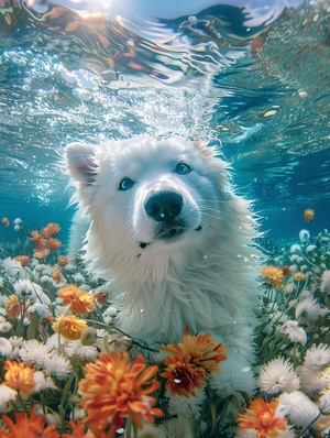 一只萨摩耶犬，在海底里，一片花海，宁静，游泳，细节精细，最佳质量，写实，风景奇观，大师级摄影，电影光效,国家地理