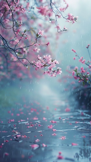 春日雨落，花开瓣落