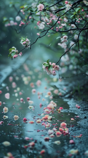 春日雨落，花开瓣落