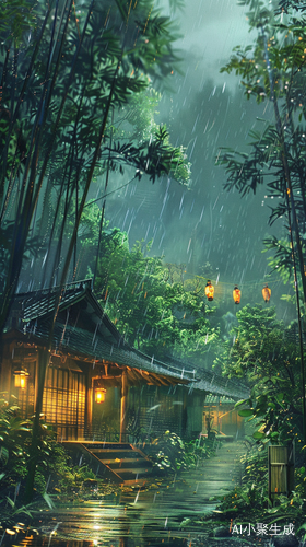 雨中竹林小屋：茶余灯光诉说宁静和治愈
