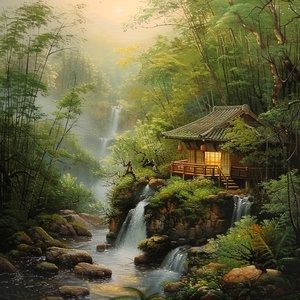 山上 竹林里 有个小屋 可以喝茶 非常舒服安全非常清净 风景画,春天,雨天,溪流,瀑布,真实的,全景,柔和照明,暖光