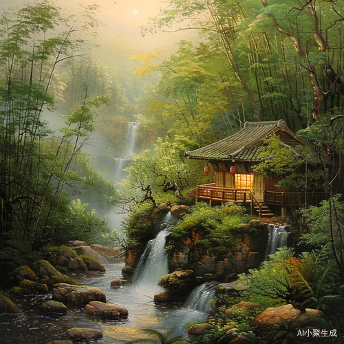山上竹林小屋 安静安全春天茶意风景画
