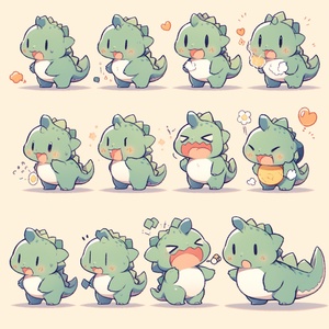 Little dinosaur , green , fat , furry , full body pioture , chibi ,9 poses and expressions , emoticons [ Dizzy , happy , angry , orying , sad , oute , expecting , laughing , disappointed and shy , sleepy , eating , dizzy , expressing love , eto .], Line art , Sticker art