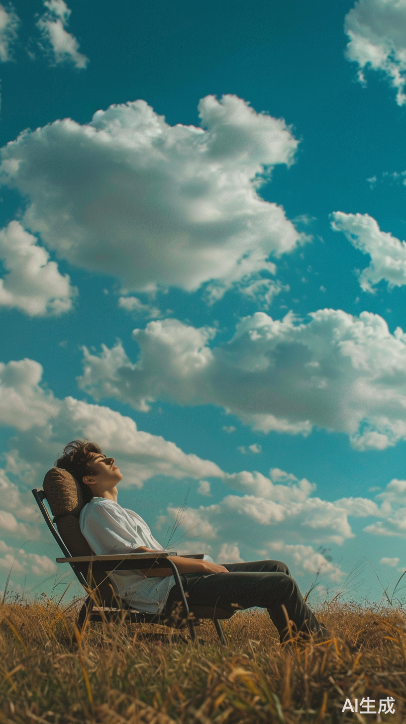 帅哥躺椅上 草原天空蓝云