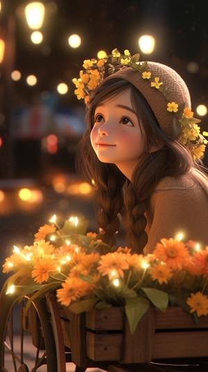 3D, C4d, cute girl with long hair and brown eyes sitting on a bench in front of a flower cart full of yellow flowers at night. She has small glowing lights around her head. Her crown is made from small shining stars. Her face looks happy as she is smiling. She is holding some flowers. Her outfit looks warm and cozy with a pastel color theme. The style is reminiscent of a dreamy scene in the style of a fairytale.