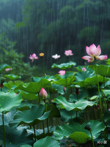 雨中荷塘荷花荷叶莲蓬