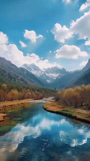 山水如画的美，白云飘逸，阳光洒向山间，泉水流敞，绝美的风景，旅游的好地方。