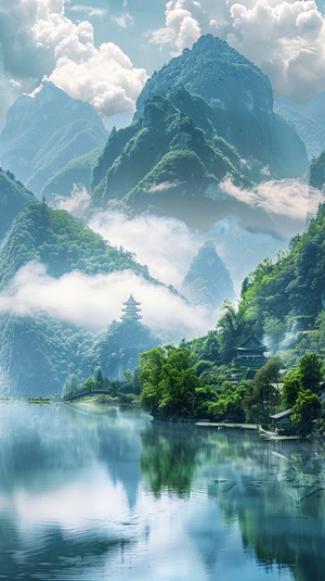 山水如画的美，白云飘逸，阳光洒向山间，泉水流敞，绝美的风景，旅游的好地方。