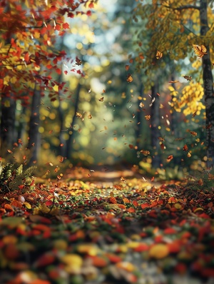 Autumn forest with fallen leaves, wind blowing gently