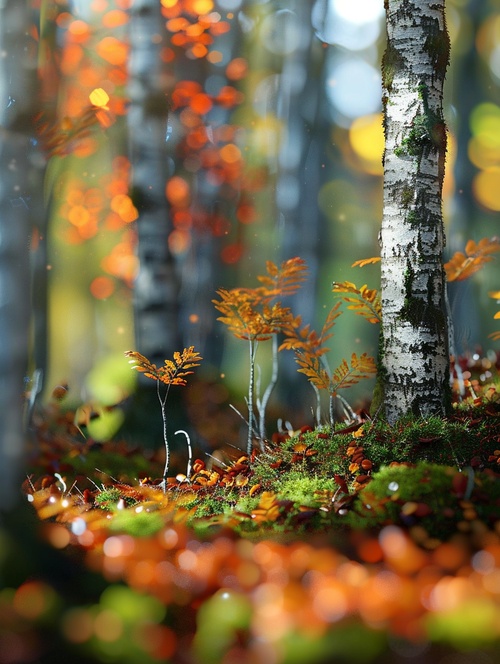 Autumn forest with fallen leaves, wind blowing gently