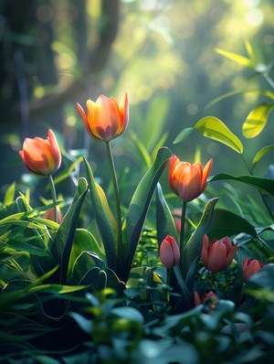 Spring garden with buds, soft wind making flowers bloom