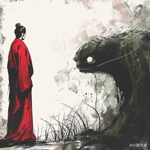 水墨风格描绘男子与绿眼怪物对决