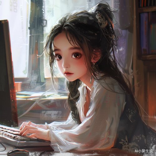 中国女孩：大眼睛知性美在电脑前