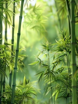 Dense bamboo forest, wind bending the bamboos