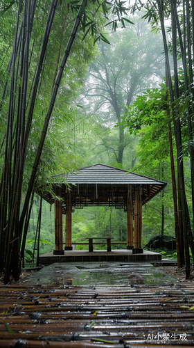 竹林中的雨天竹亭唯美景致