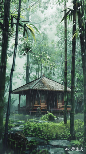 竹林中的雨天竹亭唯美景致