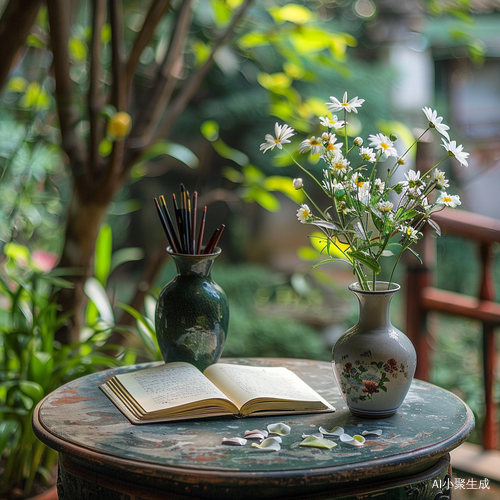 桌上花瓶毛笔书本，高清禅意风户外全景拍摄