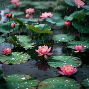 开满荷花的池塘，下雨了