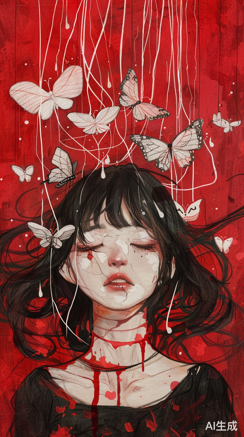 抑郁蝴蝶：血色手绘女孩，丝线粘稠液体感